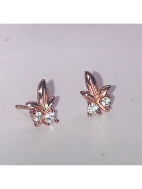Sterling Silver Rose Gold Plated Leaf Leaves Design CZ Stone Stud Earrings / .4”